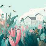 House with a variety of plants and insects outside