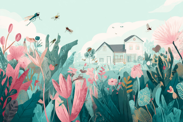 House with a variety of plants and insects outside