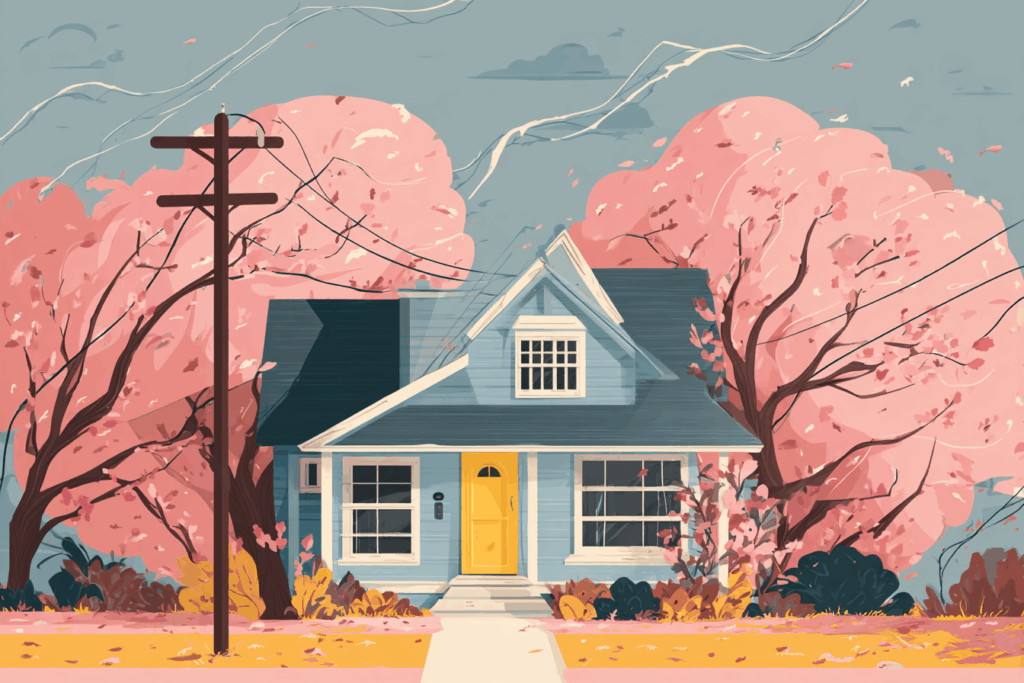 House with a telephone pole coming down on it in the summer 