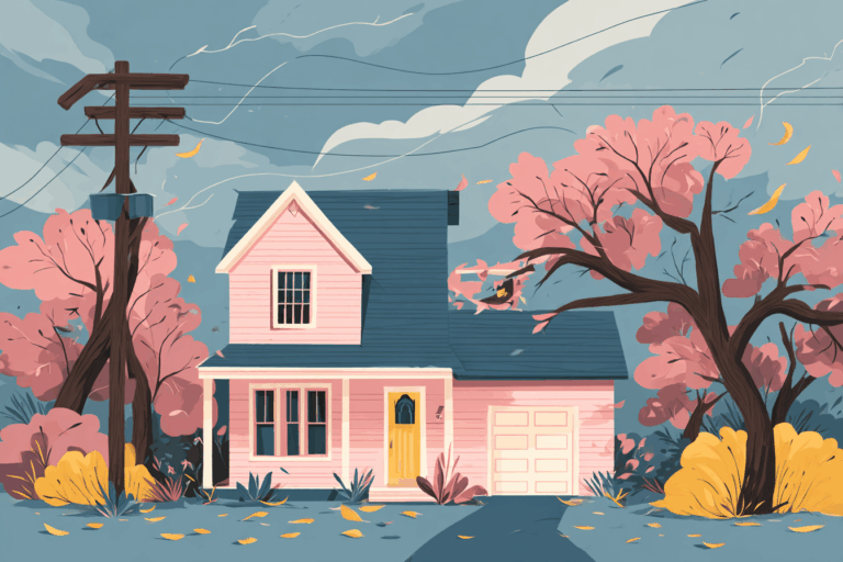 House being affected by bad weather close to a telephone pole