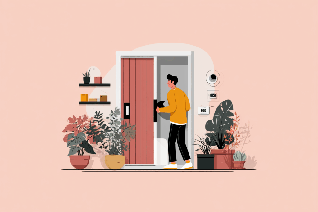 Man leaving his home with a home security camera set up 