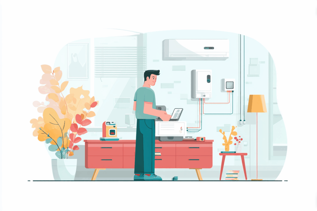 Man installing a home security system in his home on his computer