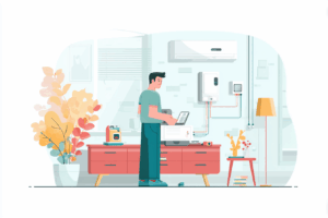 Man installing a home security system in his home on his computer