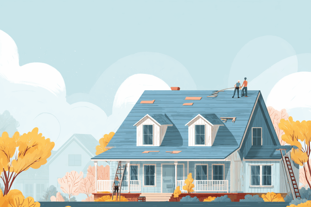 Two men working on top of a roof 