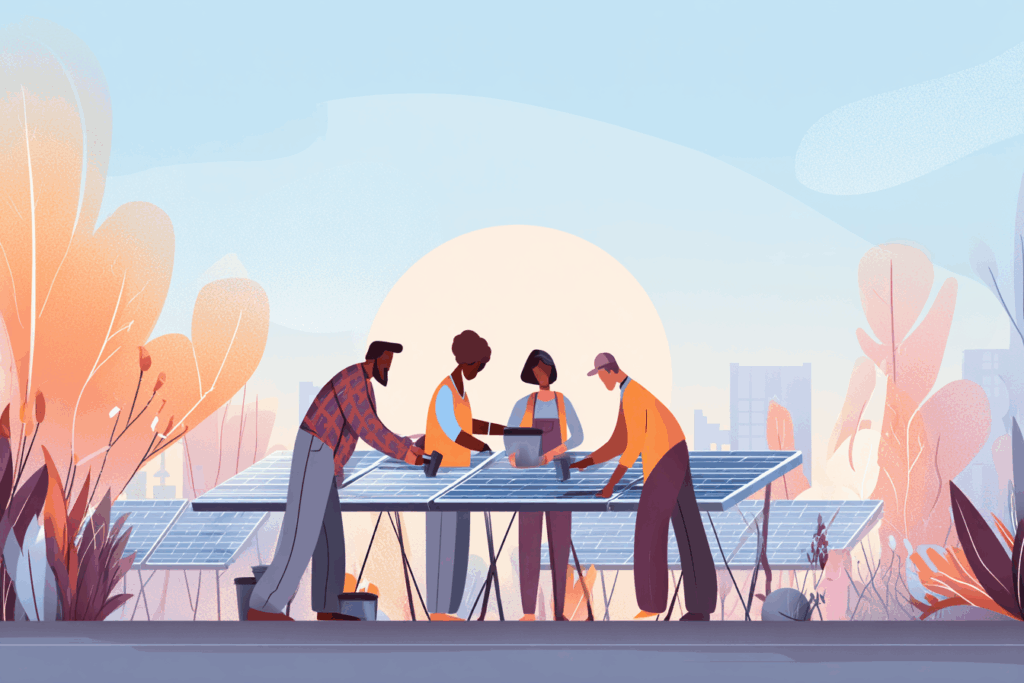 Group of people looking at a solar panel