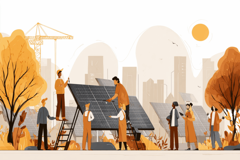 Group of people in the community working on installing a new solar panel