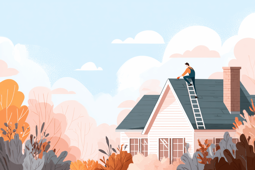 Man climbing on top of a roof with a ladder 