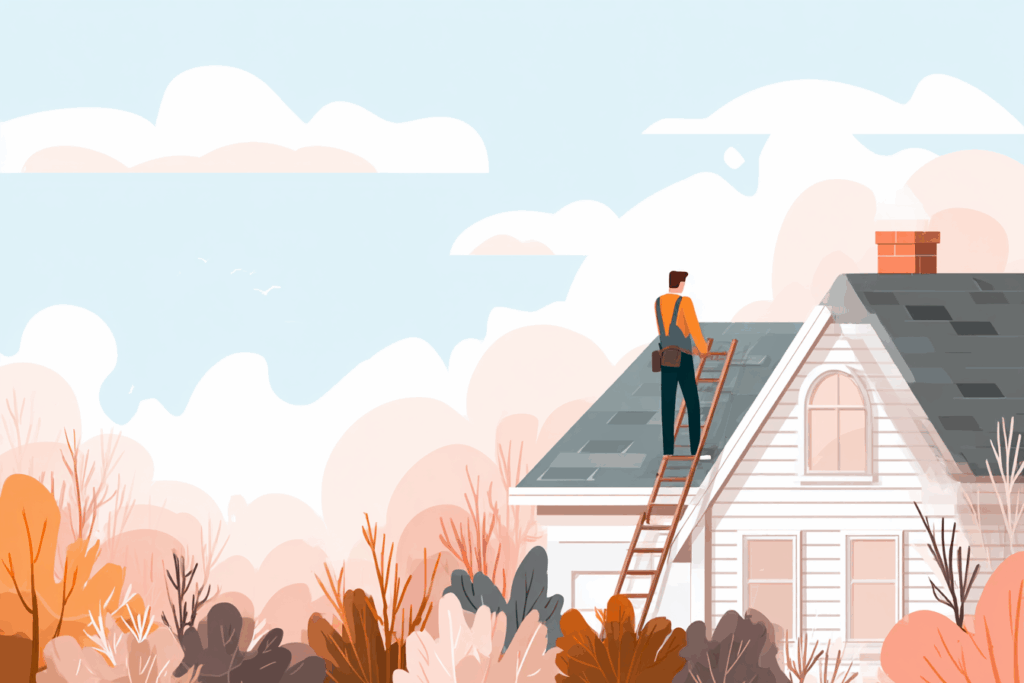 Man climbing on a ladder on top of a roof