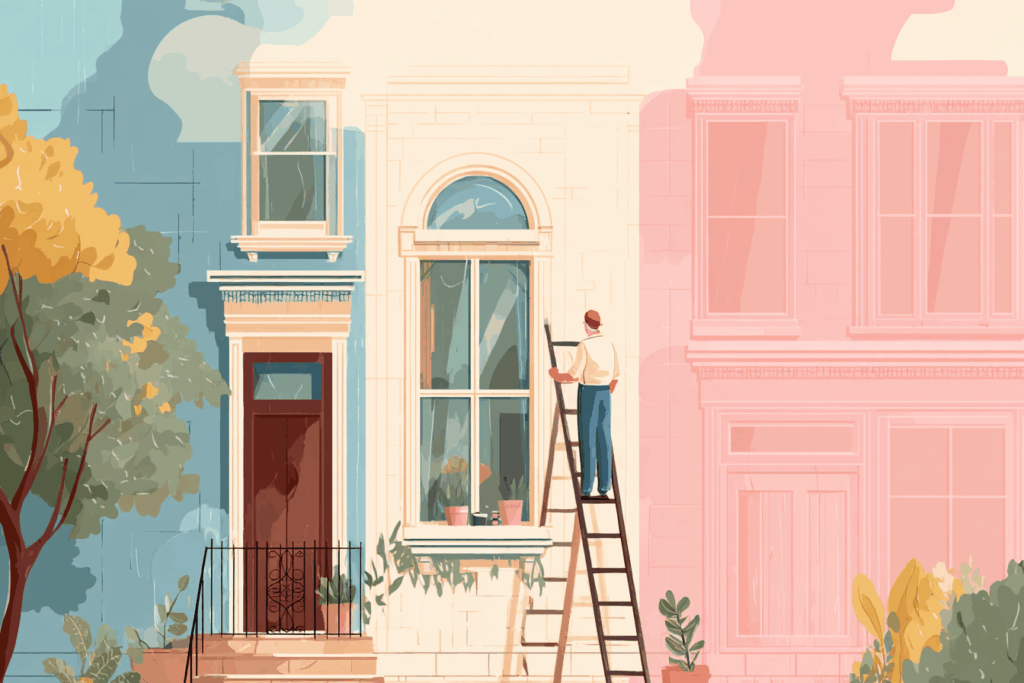 Man on a ladder working on an old window