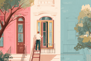 Man working on replacing an old window at a row home