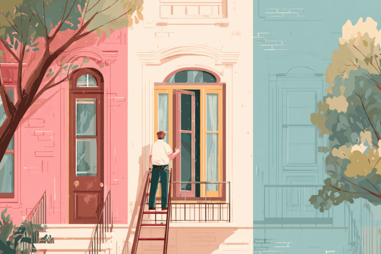 Man working on replacing an old window at a row home