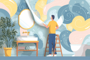 Man installing new wallpaper in his bathroom