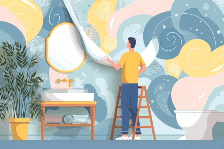 Man installing new wallpaper in his bathroom