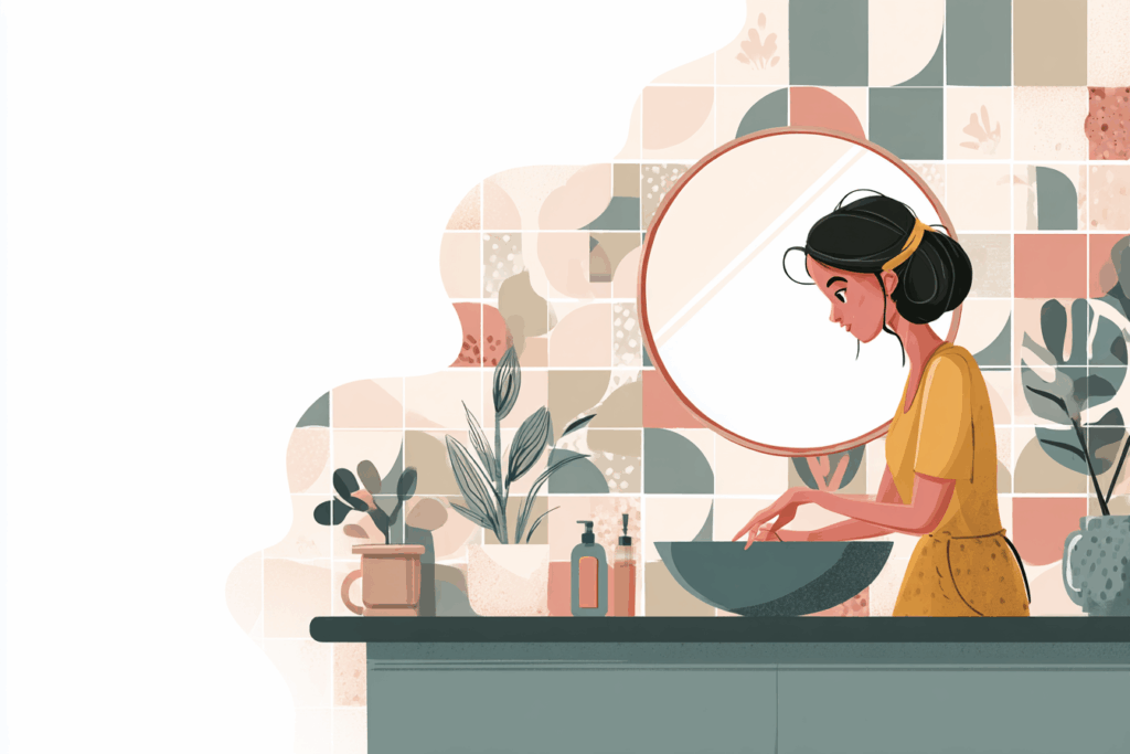 Woman washing her hands in a bathroom sink with plants next to it