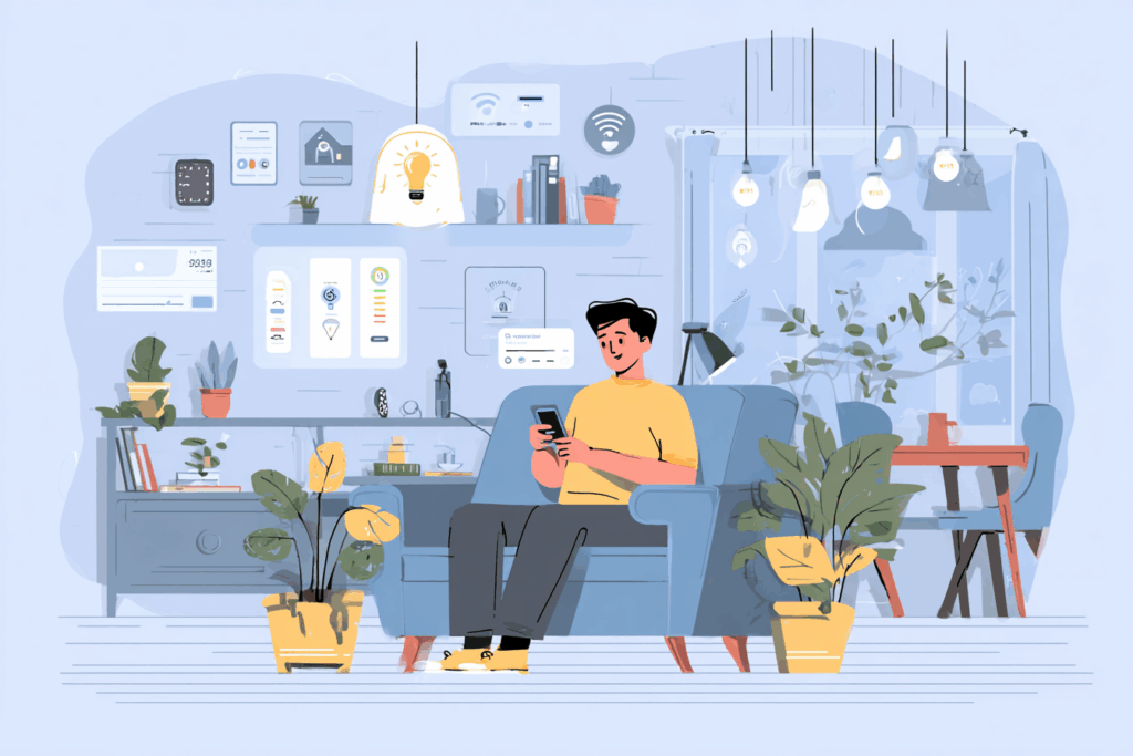 Man sitting on his couch monitoring his home energy usage