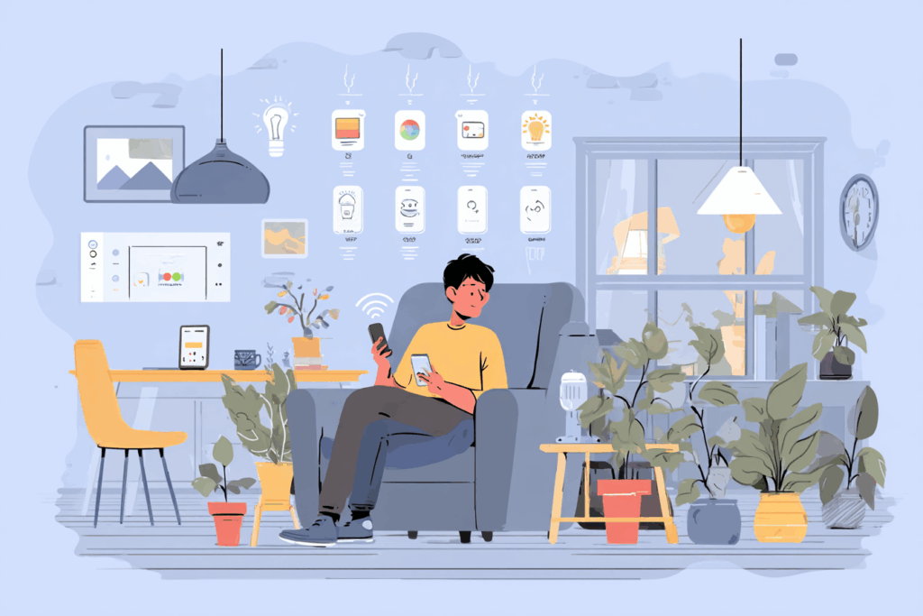 Man sitting on a couch using smart home devices