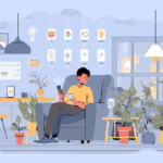 Man sitting on a couch using smart home devices