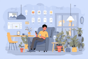 Man sitting on a couch using smart home devices