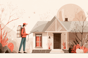 Man spraying pest control spray outside a home